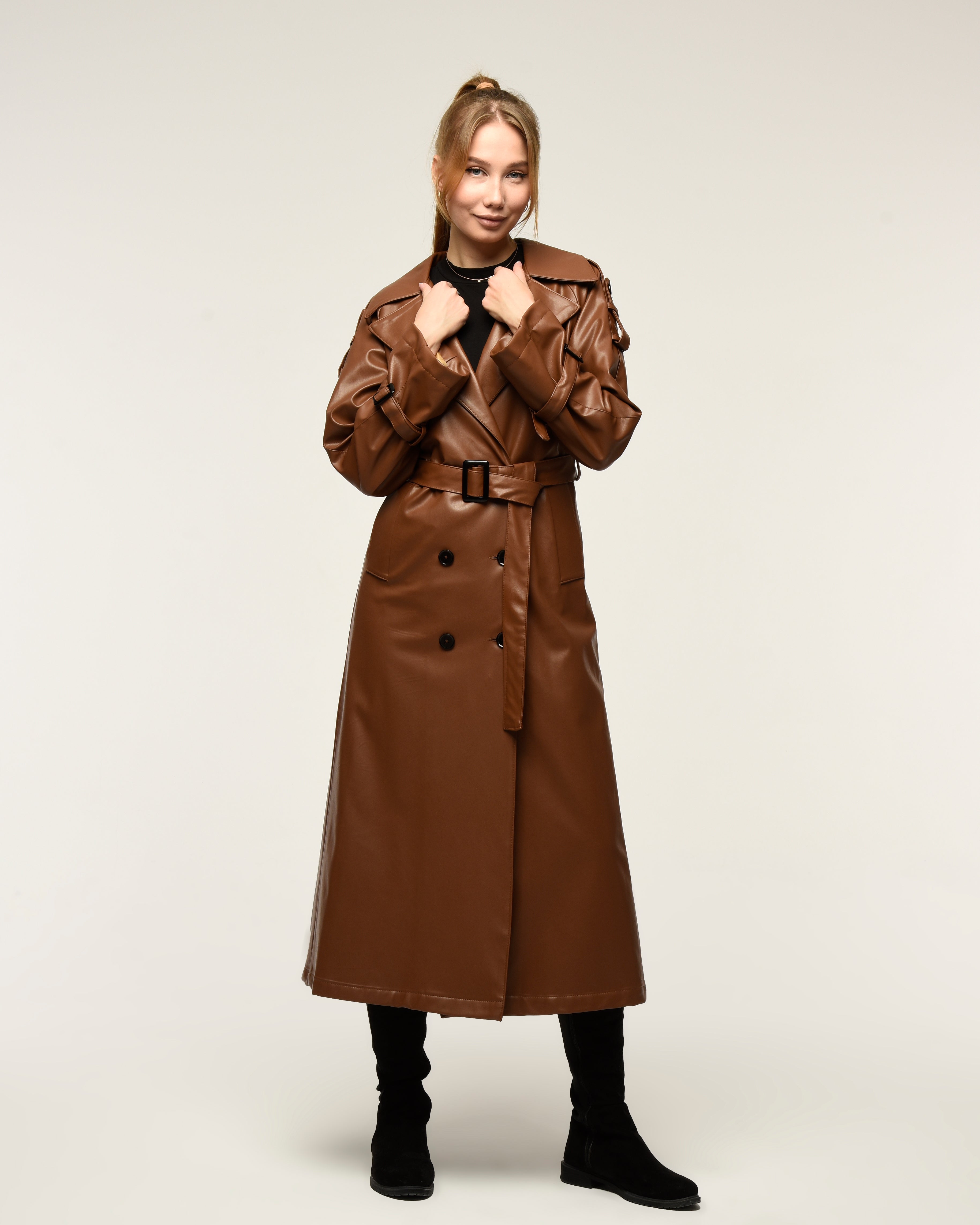 Military Leder-Trenchcoat