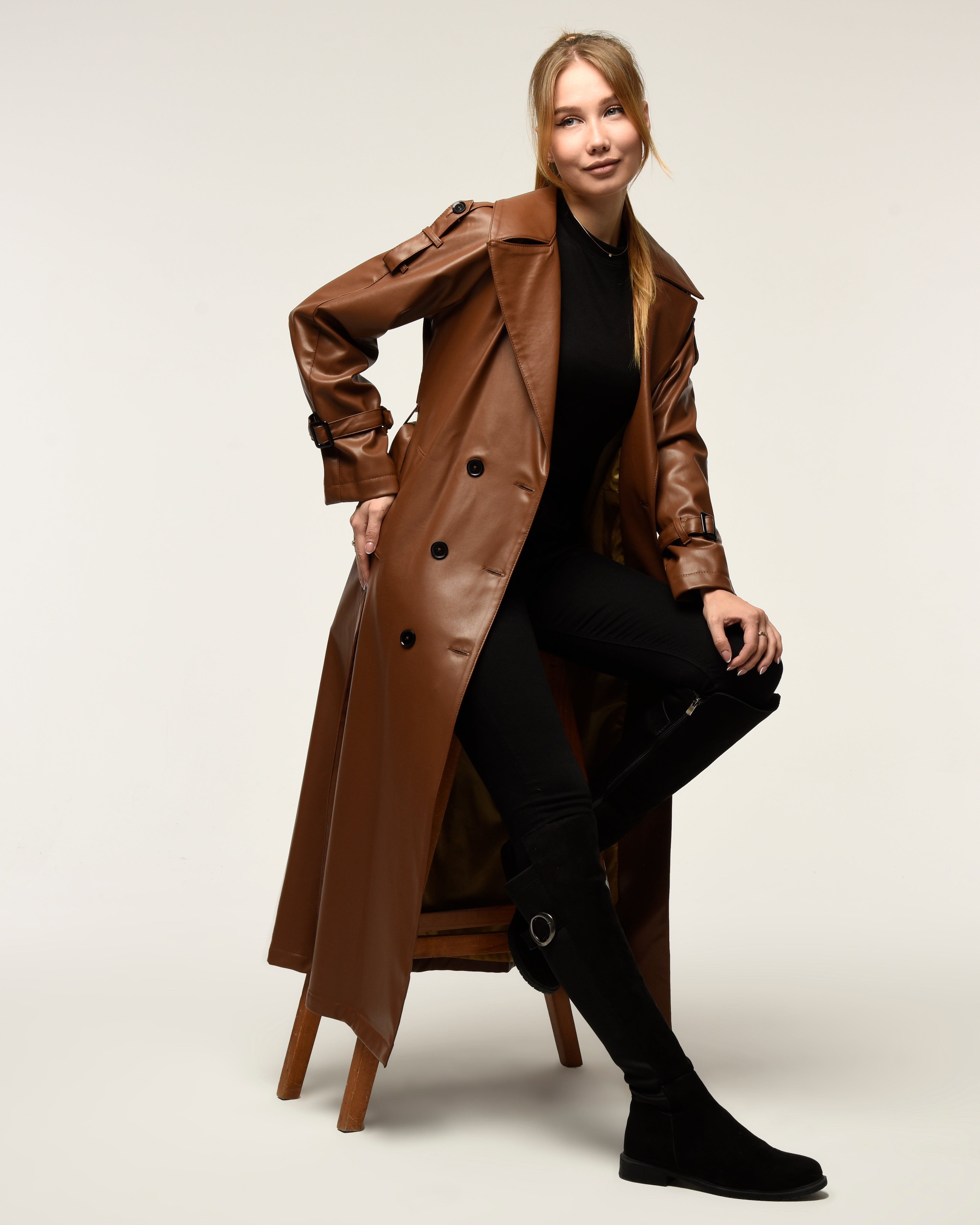 Military Leder-Trenchcoat