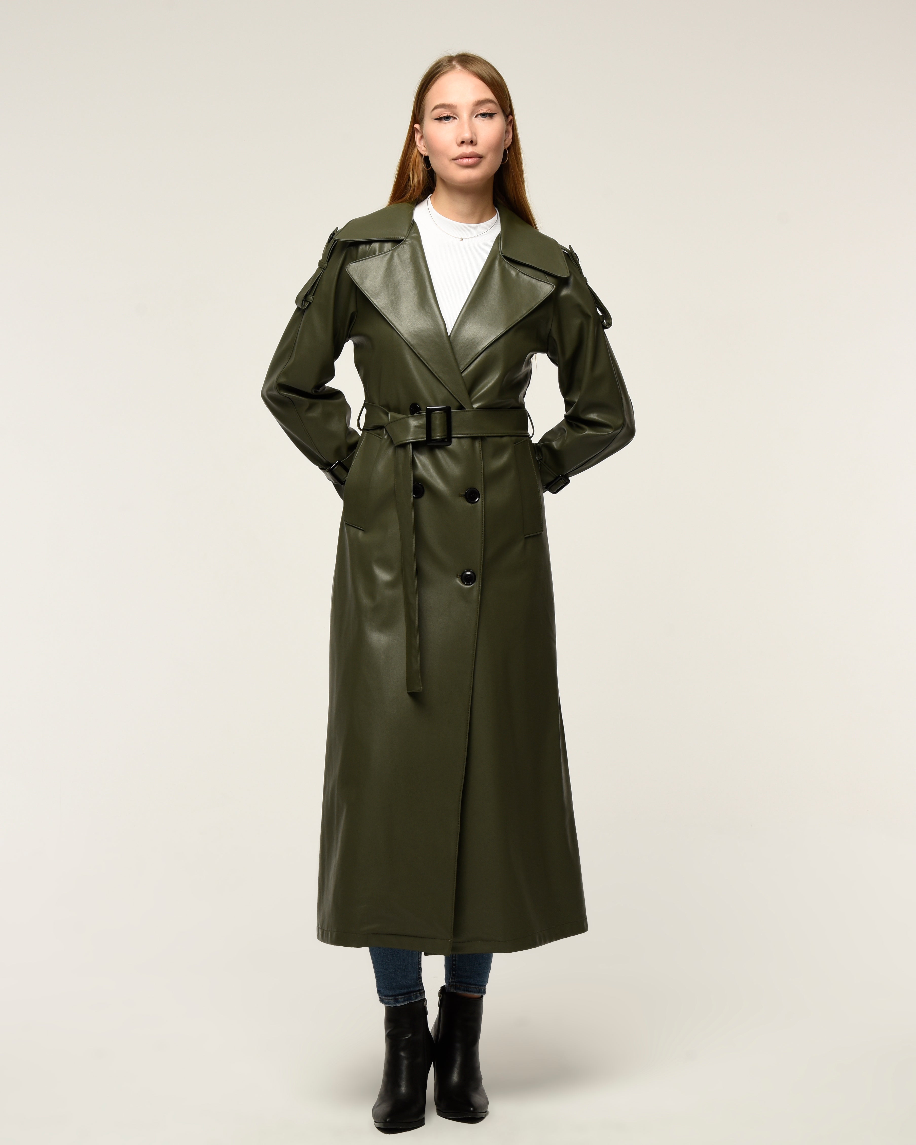 Military Leder-Trenchcoat