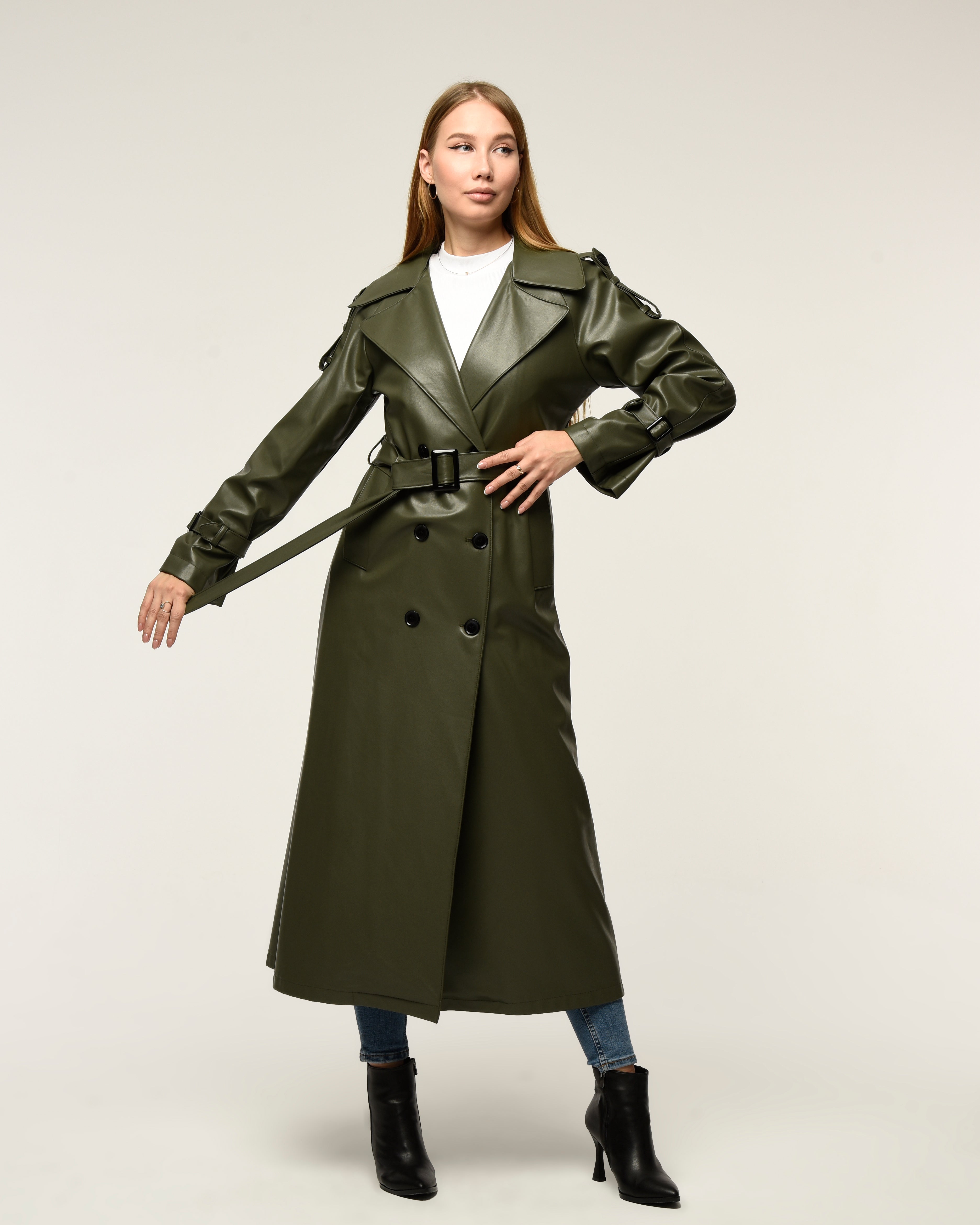 Military Leder-Trenchcoat