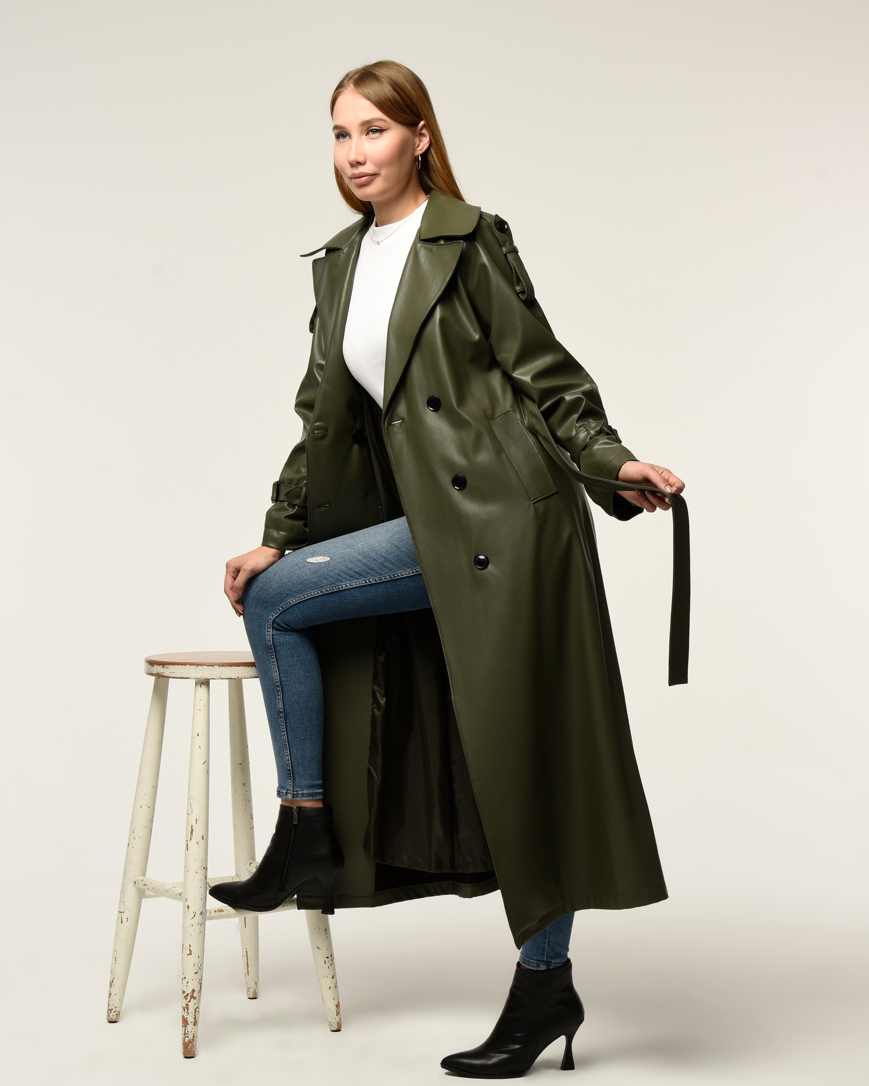 Military Leder-Trenchcoat