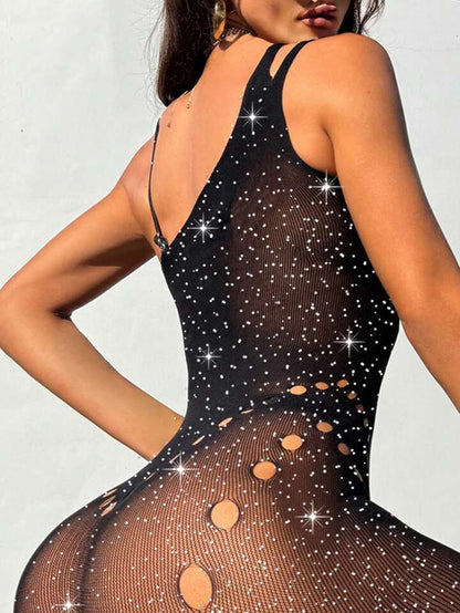 Nocturna – Schwarzes Bodystocking mit Netz &amp; Strass