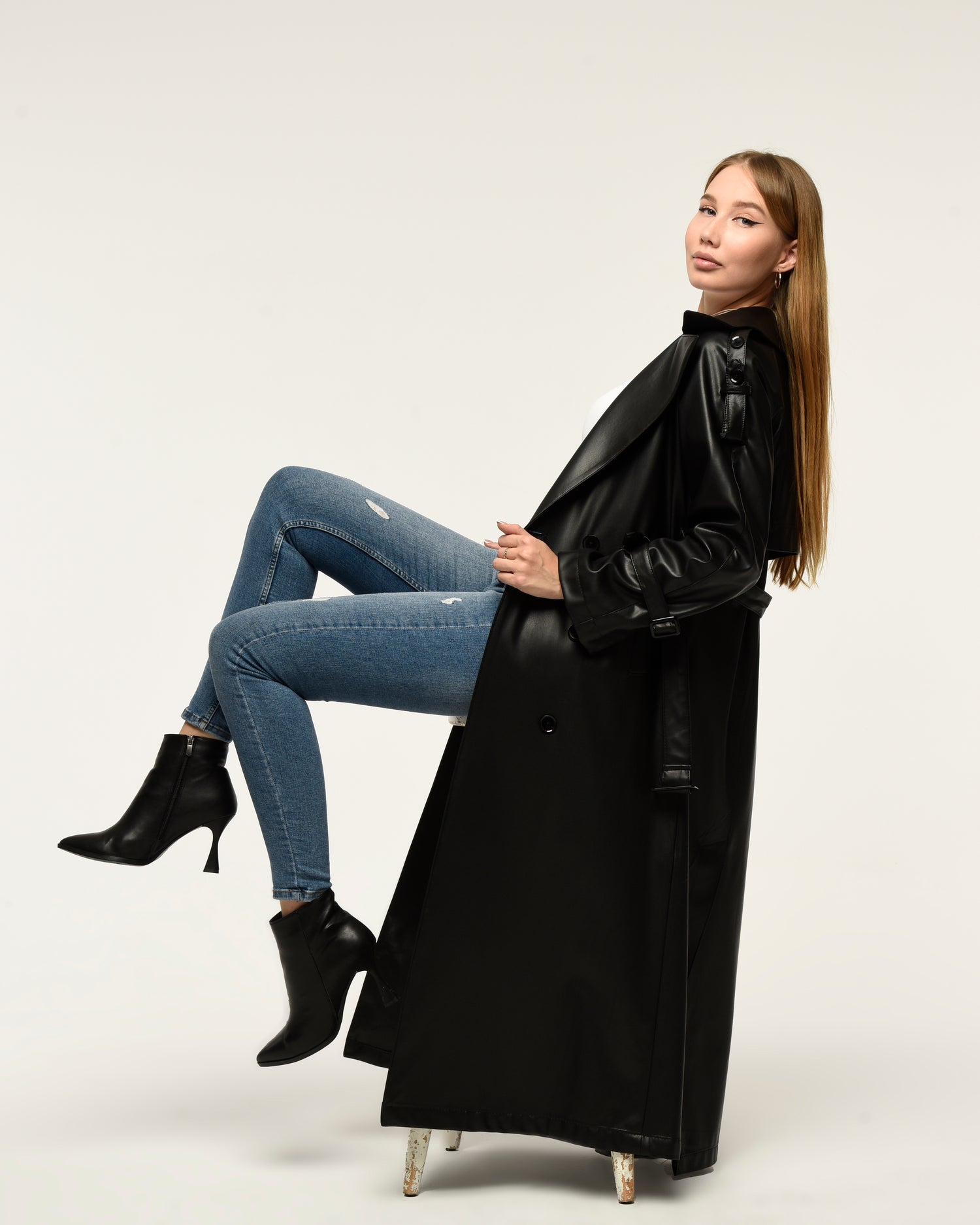 Military Leder-Trenchcoat
