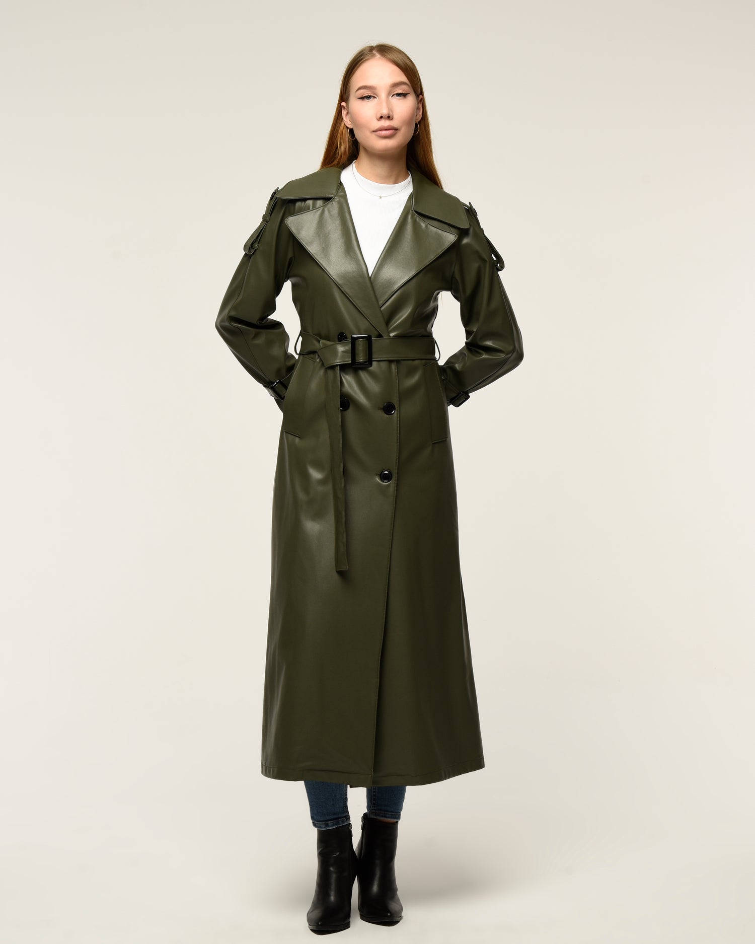 Military Leder-Trenchcoat