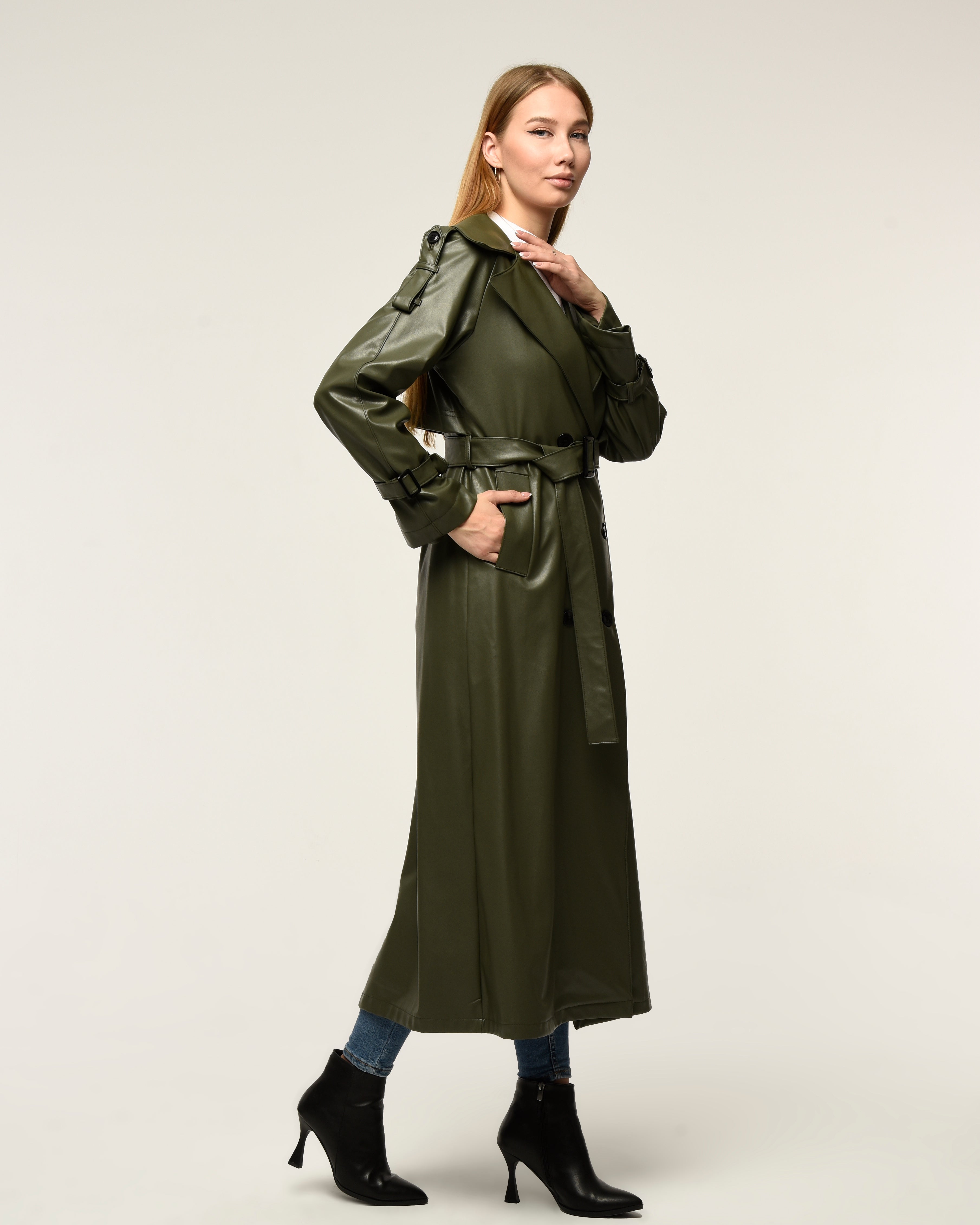Military Leder-Trenchcoat