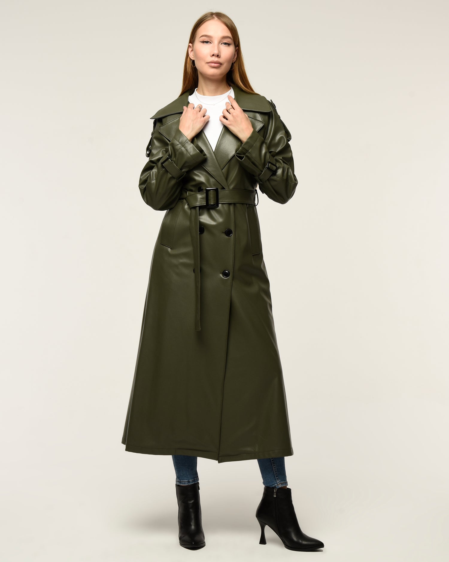 Military Leder-Trenchcoat