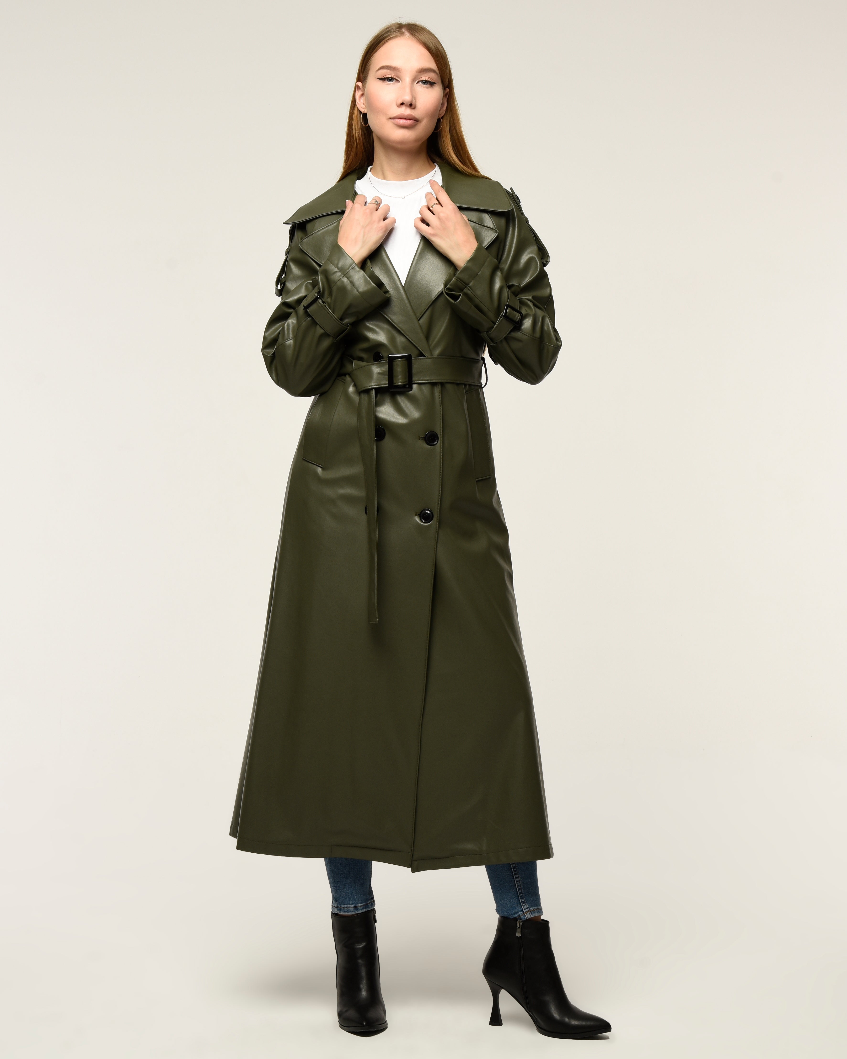 Military Leder-Trenchcoat