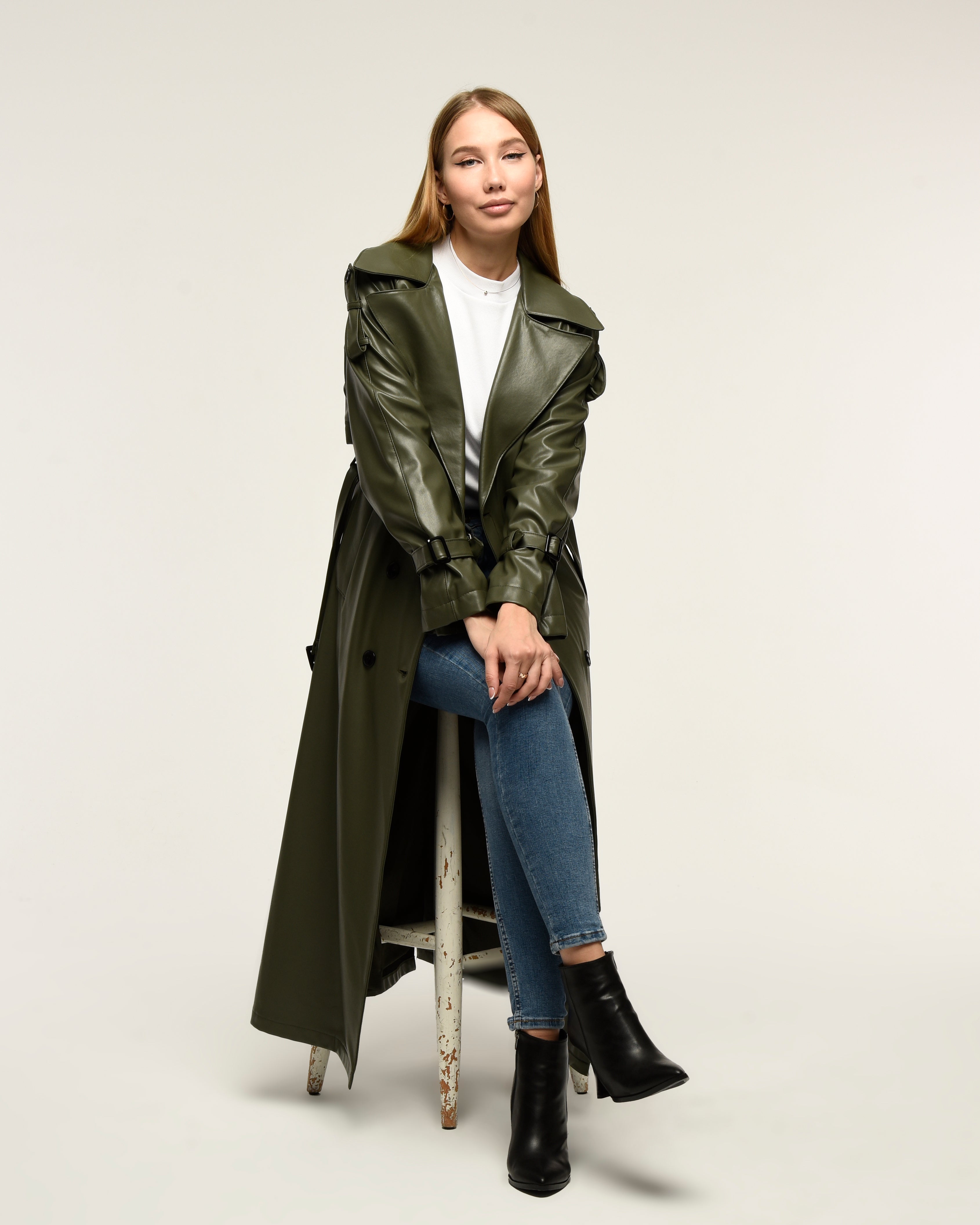 Military Leder-Trenchcoat